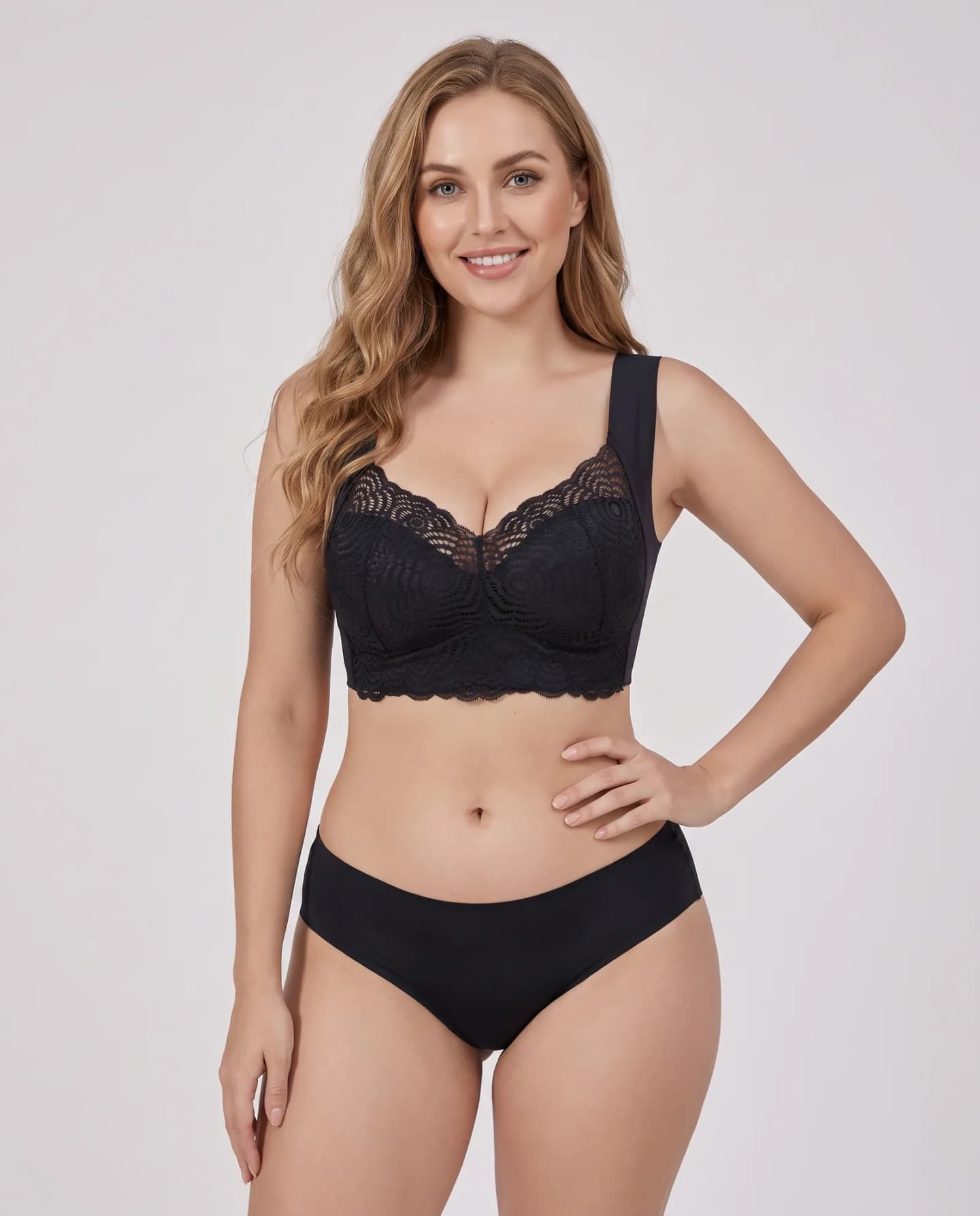 The Flatterer Bra in Black, front view on model The Flatterer Bra in Black, front view on model